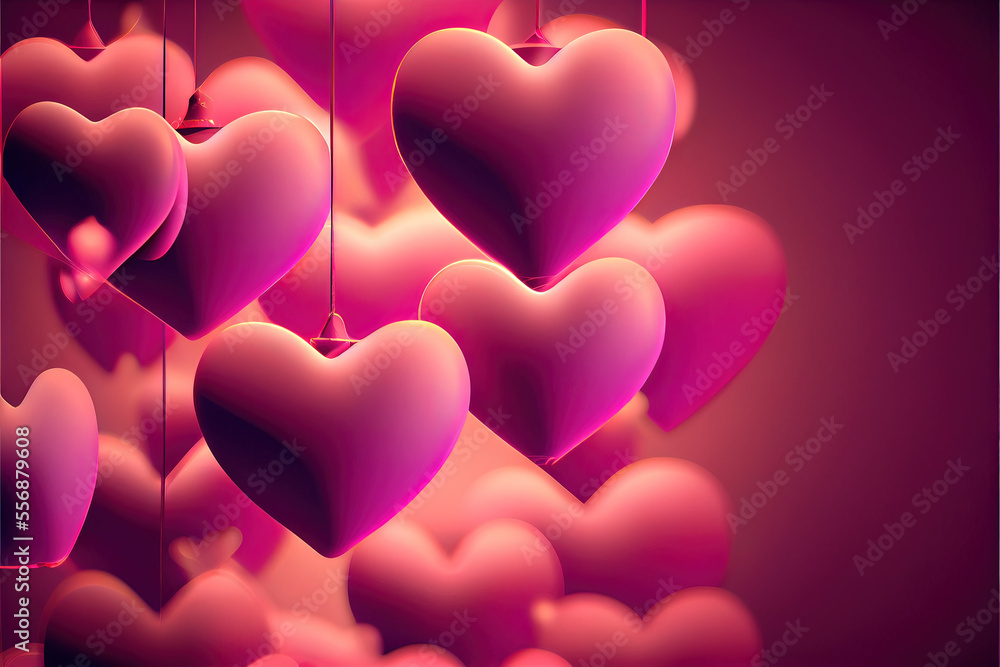 many glowing hearts - pink background for valentines day, love heart. Neural network generated Ai art. Digitally generated image. Not based on any actual scene or pattern.