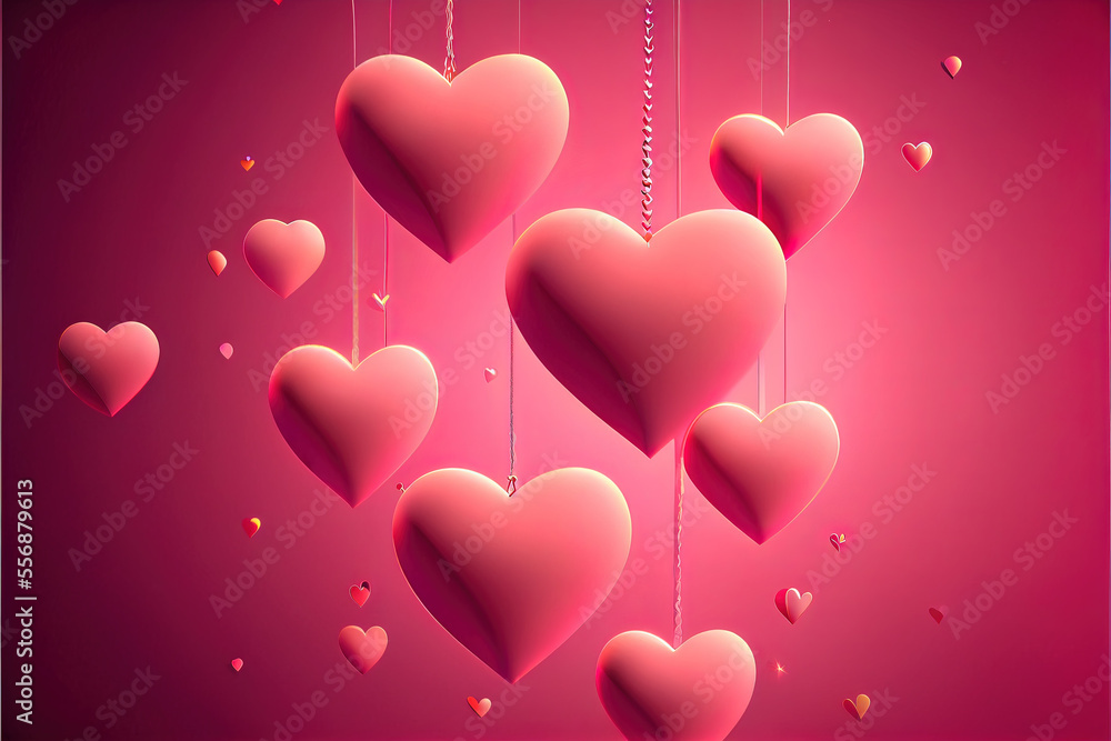 many glowing hearts - pink background for valentines day, love heart. Neural network generated Ai art. Digitally generated image. Not based on any actual scene or pattern.