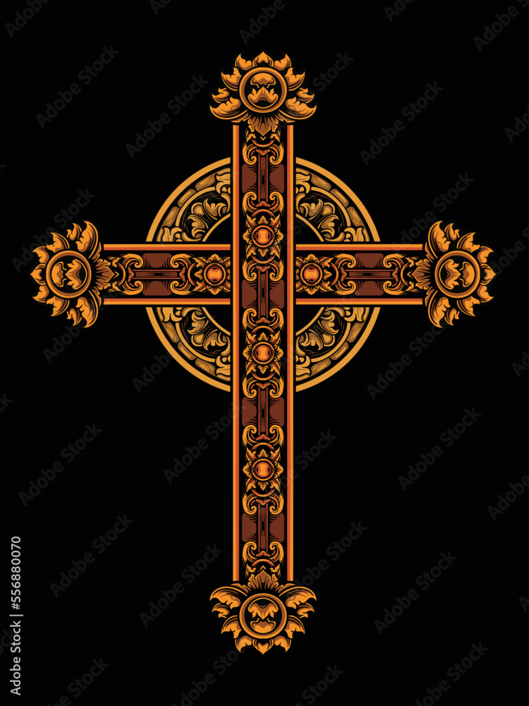 christian cross vector design with fancy ornament, editable color