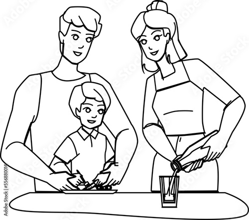 family eating breakfast line pencil drawing vector. father child, morning food, together mother, parent kitchen, table home, man smiling, happy, boy son family eating breakfast character. people