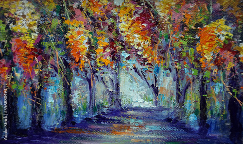 oil painting Pathway with trees and flowers , Multiply flowers