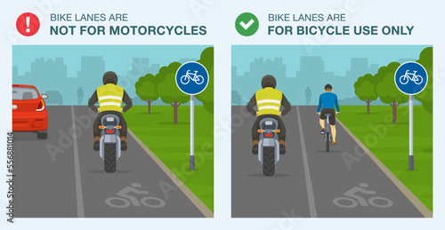Safe motorcycle riding rules and tips. Bike lanes are not for riding motorcycles. Back view of a biker on a bike lane. Do's and don'ts. Flat vector illustration template.