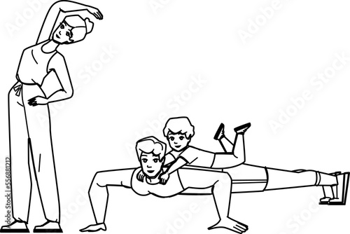 family exercise line pencil drawing vector. together happy  child healthy  mother fitness  parent sport  father active  girl female  workout health family exercise character. people Illustration