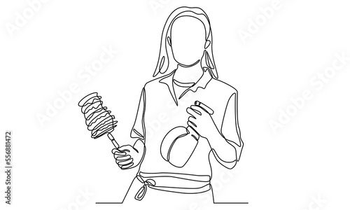 Continuous line of woman cleaning worker posing and holding cleaning tool