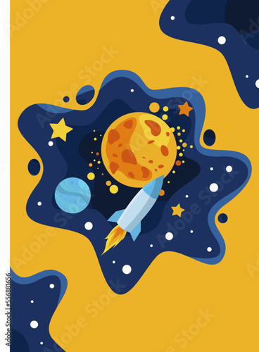 Cosmos vector flat design background. Cute template with spaceship, rocket, Moon, black hole, Stars in outer space and planets