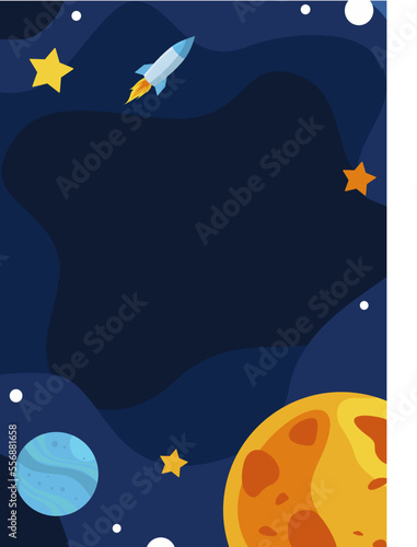 Cosmos vector flat design background. Cute template with spaceship, rocket, Moon, black hole, Stars in outer space and planets