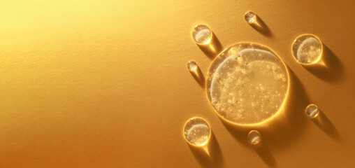 round transparent drop of clear gel serum on gold background