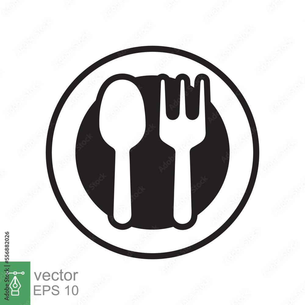 Spoon and fork on a plate icon. Simple flat style. Kitchen utensil, cutlery, silverware, culinary, food concept, silhouette symbol. Vector illustration isolated on white background. EPS 10. Spoon and fork on a plate icon. Simple flat style. Kitchen utensil, cutlery, silverware, culinary, food concept, silhouette symbol. Vector illustration isolated on white background. EPS 10.