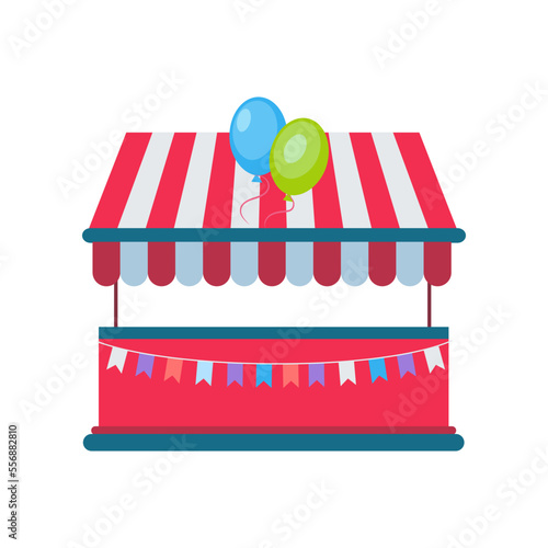 Amusement park stall flat vector illustration. Cartoon drawing of stall for carnival or fair on white background. Entertainment, fantasy concept