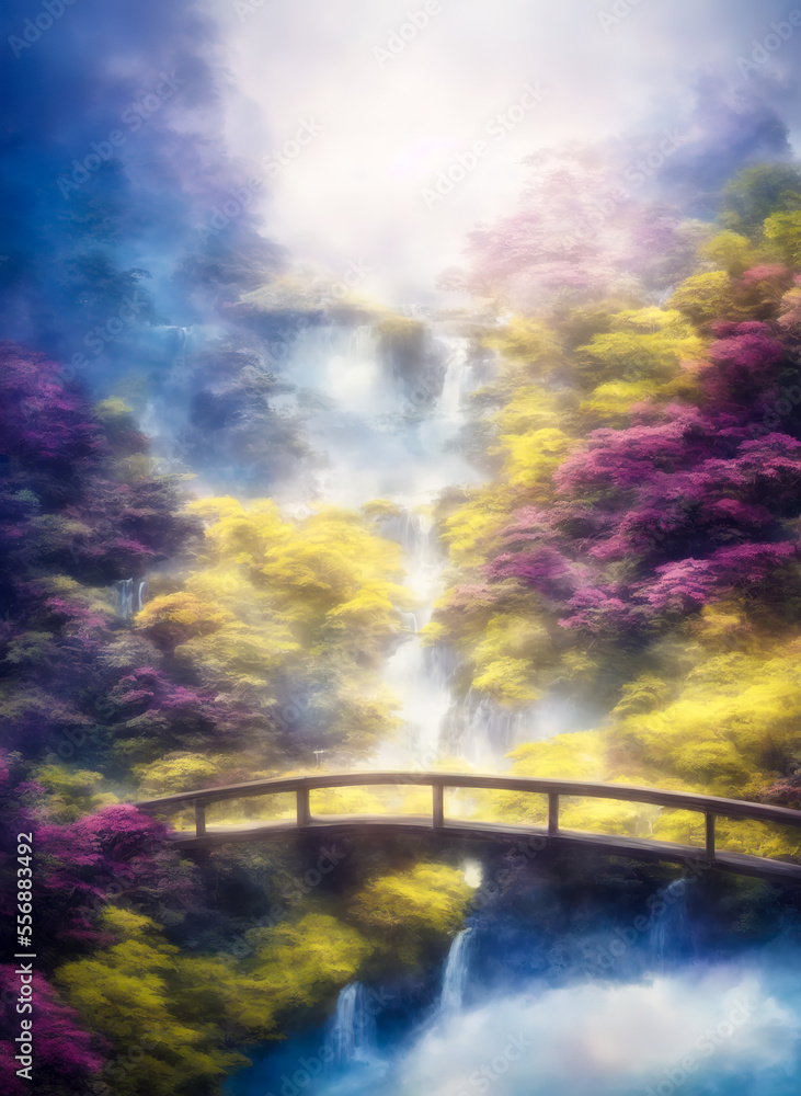 Fantasy landscape with waterfalls, forest and cherry blossoms Fantasy landscape with waterfalls, forest and cherry blossoms