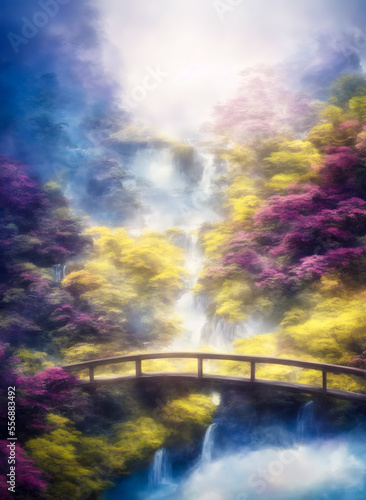 Fantasy landscape with waterfalls  forest and cherry blossoms