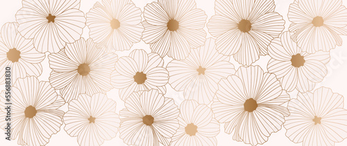 Luxury floral golden line art wallpaper. Elegant blooming beautiful flowers pattern background. Design illustration for decorative  card  home decor  website  packaging design  print  cover  banner. 