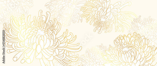 Luxury floral golden line art wallpaper. Elegant gradient gold mums flowers pattern background. Design illustration for decorative, card, home decor, website, packaging design, print, cover, banner. 