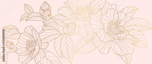 Luxury floral golden line art wallpaper. Elegant gradient gold wild rose flowers pattern background. Design illustration for decorative, card, home decor, invitation, packaging, print, cover, banner.