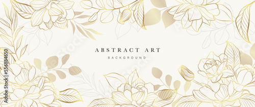 Luxury floral golden line art wallpaper. Elegant gradient gold rose flowers and eucalyptus leaf branch pattern background. Design for wedding card, frame, home decor, invitation, print, cover, banner.