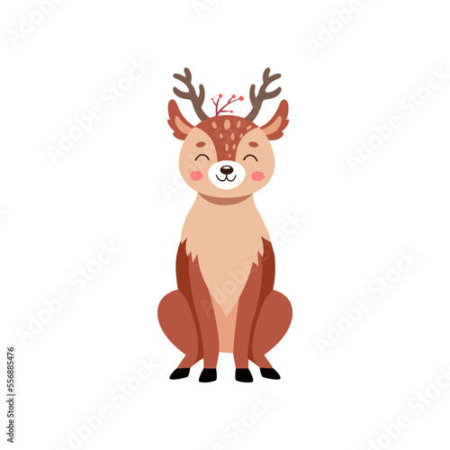 Comic deer sitting vector illustration. Reindeer or fawn cartoon character, wild animal with antlers and little tail isolated on white background. Wildlife, Christmas concept