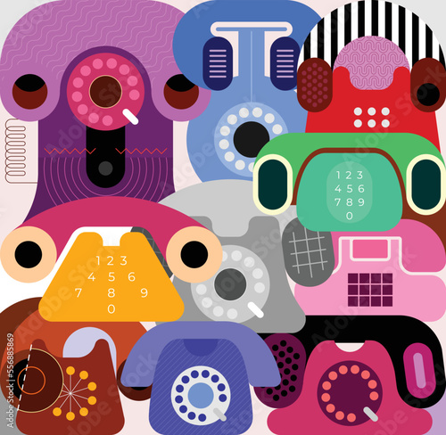 Design of many multicolored retro landline telephones. Vector illustration of collection of rotary and push-button phones. 