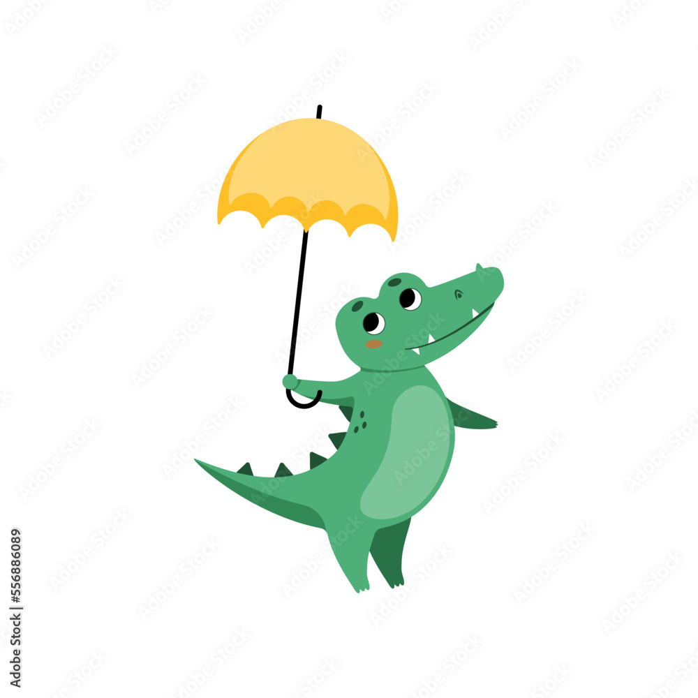 Fototapeta premium Cute crocodile standing with umbrella cartoon illustration. Funny alligator with umbrella. Jungle, predator animal concept