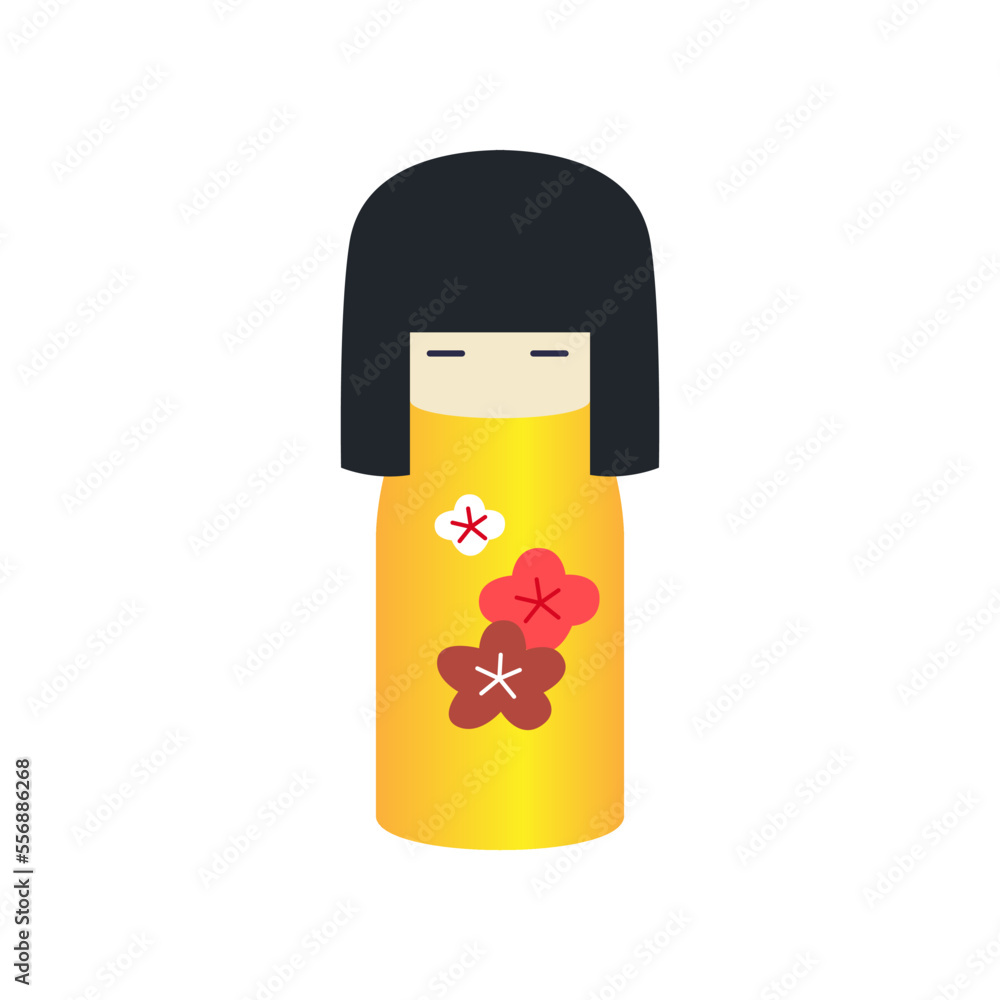 Japanese national kokeshi doll illustration. Drawing of traditional kokeshi doll for good fortune. Japan or Asia, culture concept