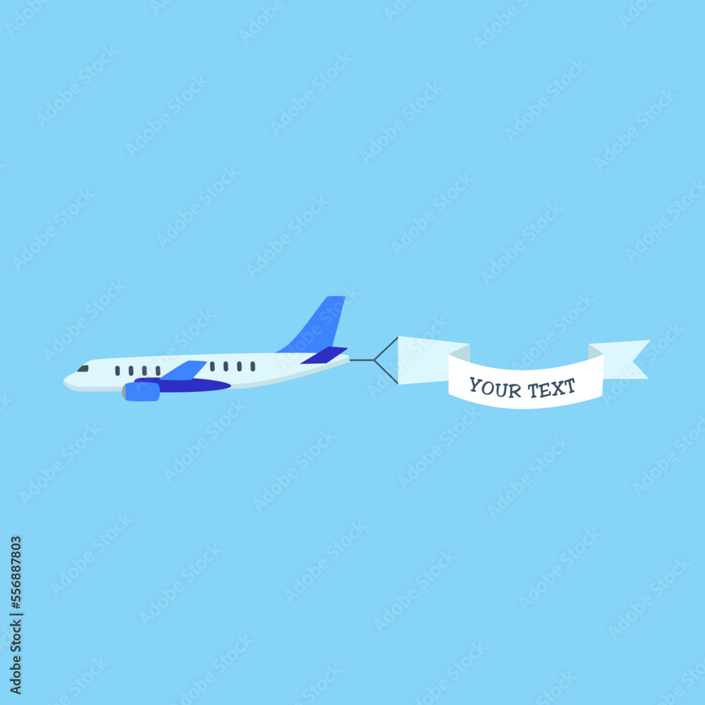 Airplane in sky with banner for text cartoon illustration. Cartoon drawing of aircraft flying with advertising ribbon on blue background. Flying advertising, aviation, transportation, flight concept