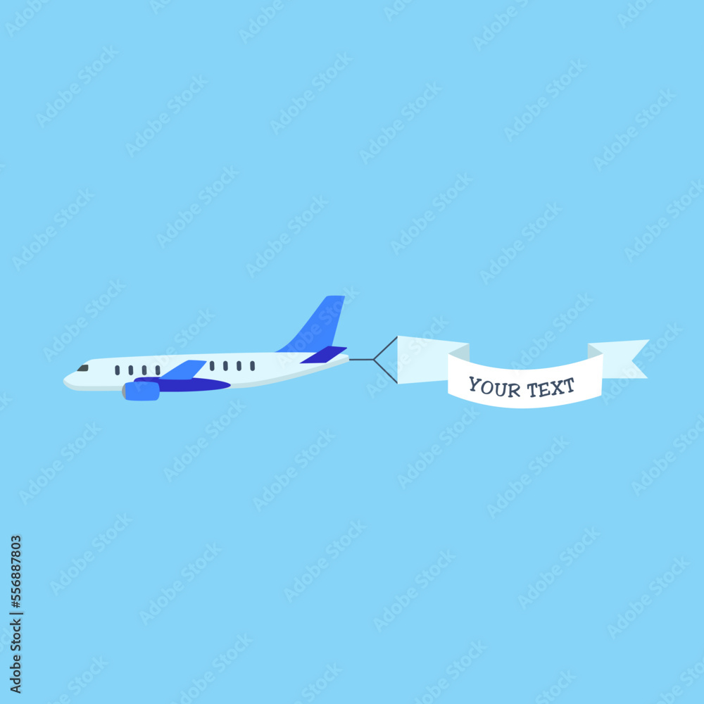 Naklejka premium Airplane in sky with banner for text cartoon illustration. Cartoon drawing of aircraft flying with advertising ribbon on blue background. Flying advertising, aviation, transportation, flight concept