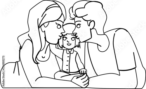 family kiss line pencil drawing vector. child, mother love, happy fun, daughter woman, parent girl, childhood mom, father kid family kiss character. people Illustration