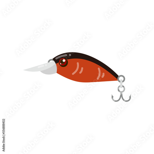 Orange fishing bait in shape of fish cartoon illustration. Cartoon drawing of fishing lure with hook, jig of shape of fish isolated on white background. Sport, hobby, gear, recreation concept