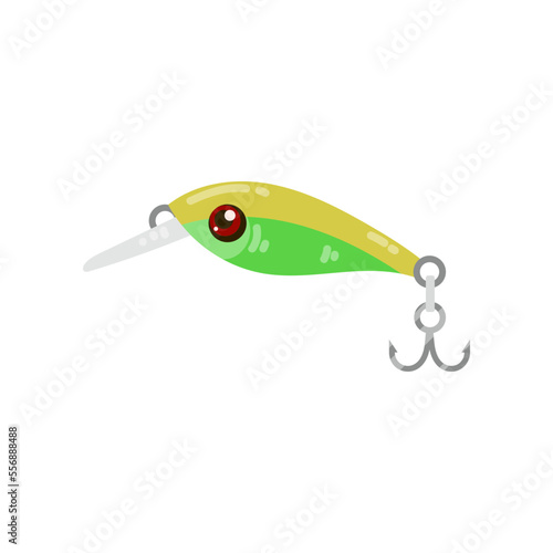 Green fishing bait in shape of fish cartoon illustration. Cartoon drawing of fishing lure with hook, jig in shape of fish isolated on white background. Sport, hobby, gear, recreation concept