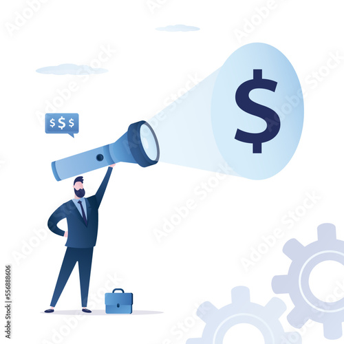 Businessman with flashlight looking for money direction, profit. Confident person finding hidden income. Business growth, vision,  opportunity concept. Investor making money.