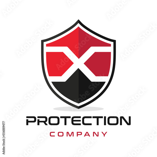 Free Download X Letter shield vector logo template. Black and red color. This alphabet or font symbol suitable for protection business. - GFXLoad