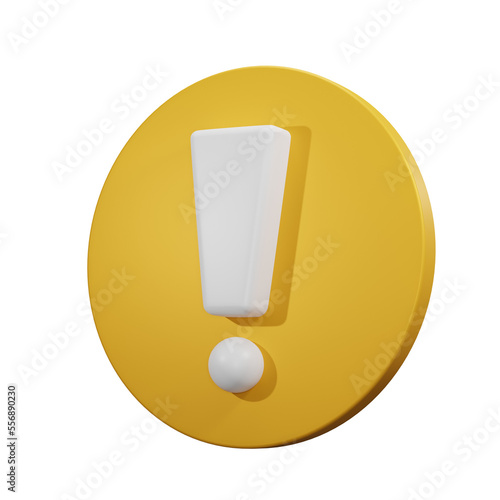 white exclamation mark on yellow circle isolated on white background. warning icon, warning notification sign - 3D rendering