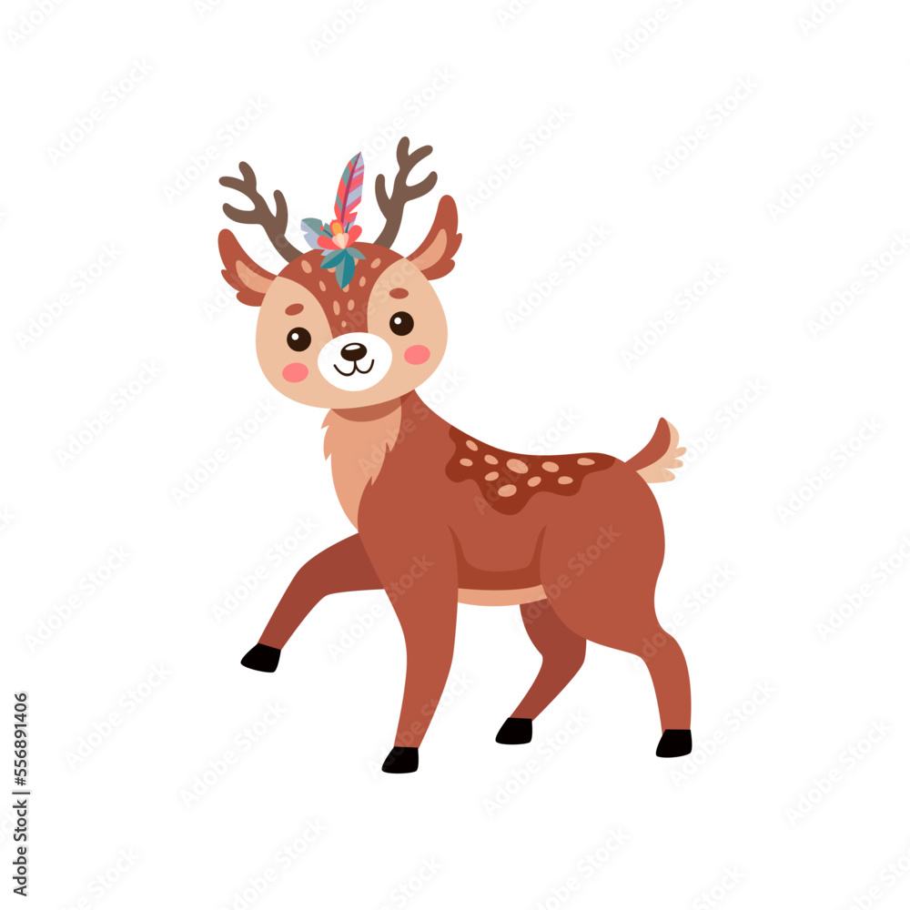 Fototapeta premium Comic deer walking vector illustration. Reindeer or fawn cartoon character, wild animal with antlers and little tail isolated on white background. Wildlife, Christmas concept