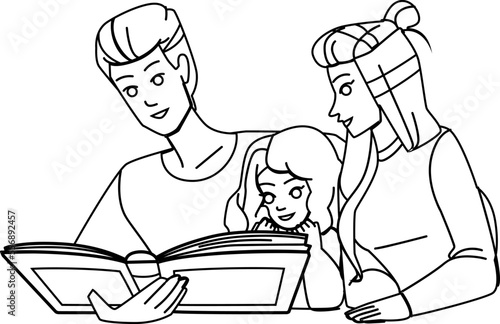 family reading line pencil drawing vector. mother daughter, girl book, child home, together parent, father people, reading indoors, young smiling, kid family reading character. people Illustration