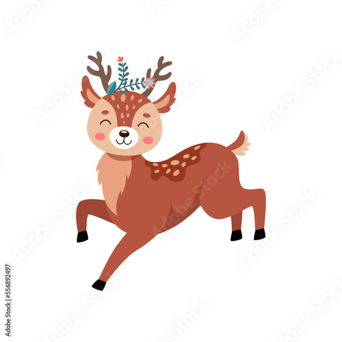 Comic deer running vector illustration. Reindeer or fawn cartoon character, wild animal with antlers and little tail isolated on white background. Wildlife, Christmas concept