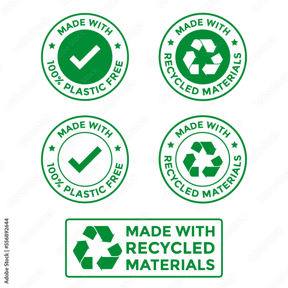 Made with plastic-free and recycled materials icons, symbols, and stickers isolated. Packet sticker plastic free recycled stamp. Made with plastic-free and recycled materials icons, symbols, and stickers isolated. Packet sticker plastic free recycled stamp.