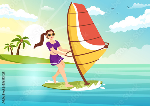 Windsurfing with the Person Standing on the Sailing Boat and Holding the Sail in Extreme Water Sport Flat Cartoon Hand Drawn Templates Illustration