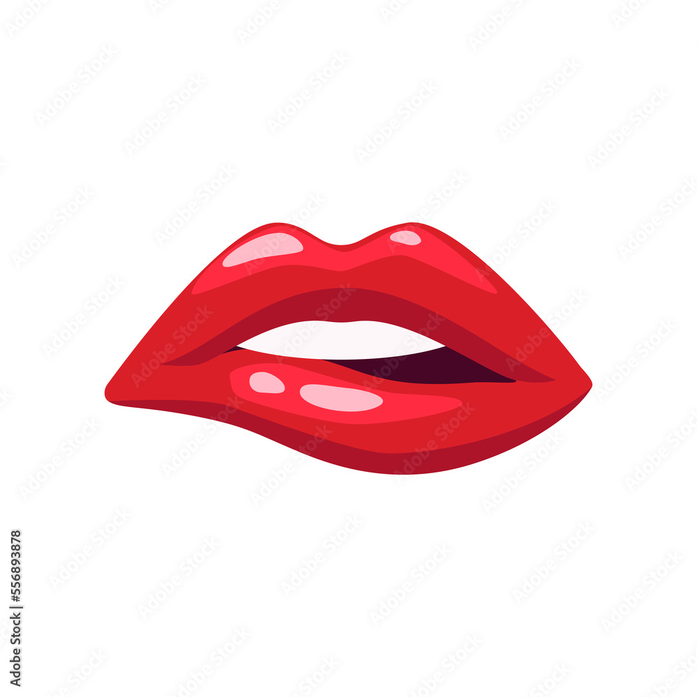 Female teeth biting lips with red lipstick isolated on white background. Sexy lips of woman or girl flat vector illustration. Expressions, emotions, beauty concept Female teeth biting lips with red lipstick isolated on white background. Sexy lips of woman or girl flat vector illustration. Expressions, emotions, beauty concept