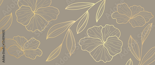 Luxury floral golden line art wallpaper. Elegant blooming flowers and leaf branch pattern background. Design illustration for decorative  card  home decor  website  packaging  print  cover  banner. 