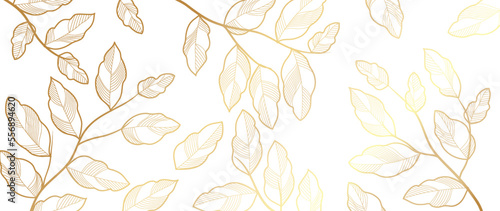 Luxury floral golden line art wallpaper. Elegant botanical golden leaf branch vine pattern background. Design illustration for decorative, card, home decor, website, packaging, print, cover, banner.