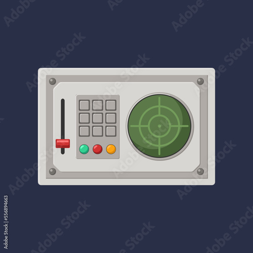 Control panel with target indicator screen and buttons illustration. Retro console screen with target. Metal dashboard or display of spacecraft or space ship. Equipment, machine, computer concept