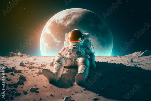 Fototapeta Naklejka Na Ścianę i Meble -  astronaut lying on the moon ,planet and relaxing