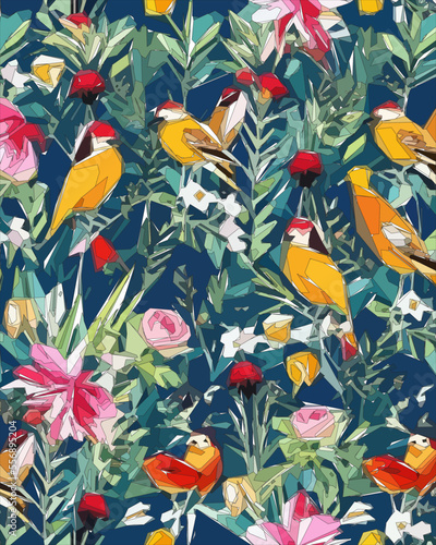 Birds  jungle and floral illustration with outlines. Pattern for wallpapers  fabrics  wrappers  postcards  greeting cards  wedding invitations  banners.