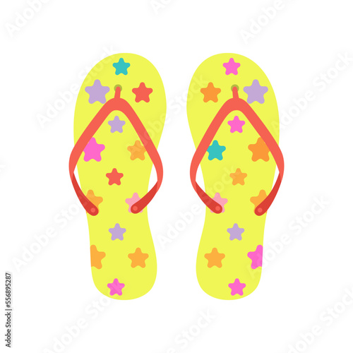 Yellow flip flops flat vector illustration. Rubber slippers with graphic pattern of stars for walking in street or on beach on white background. Footwear, shoes, summer concept