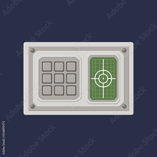 Control panel screen with target indicator and buttons illustration. Retro console screen with target. Metal dashboard or display of spacecraft or space ship. Equipment, machine, computer concept