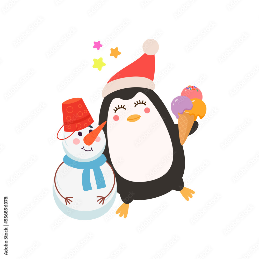 Fototapeta premium Comic penguin standing with snowman vector illustration. Cute wild bird cartoon character in hat and with ice cream isolated on white background. Winter holidays, decoration concept