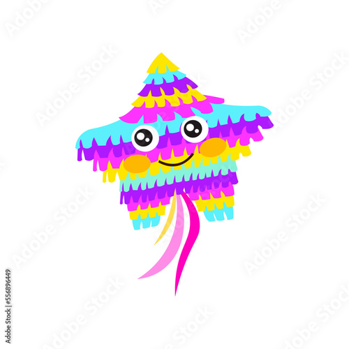 Cute pinata star cartoon character vector illustration. Mexican toy of star shape for birthdays, parties or carnivals isolated on white background. Celebration, holiday concept