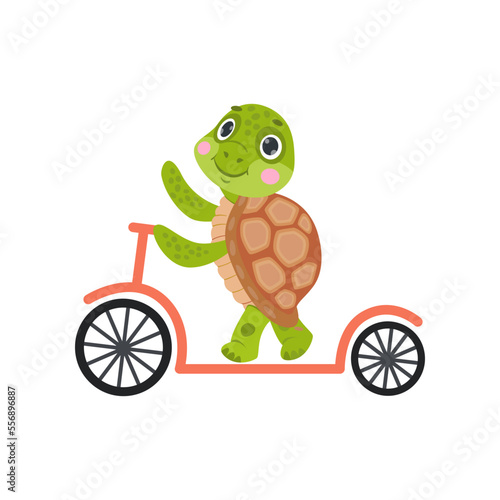Comic turtle on scooter vector illustration. Cute funny turtle cartoon character riding scooter. Transportation concept