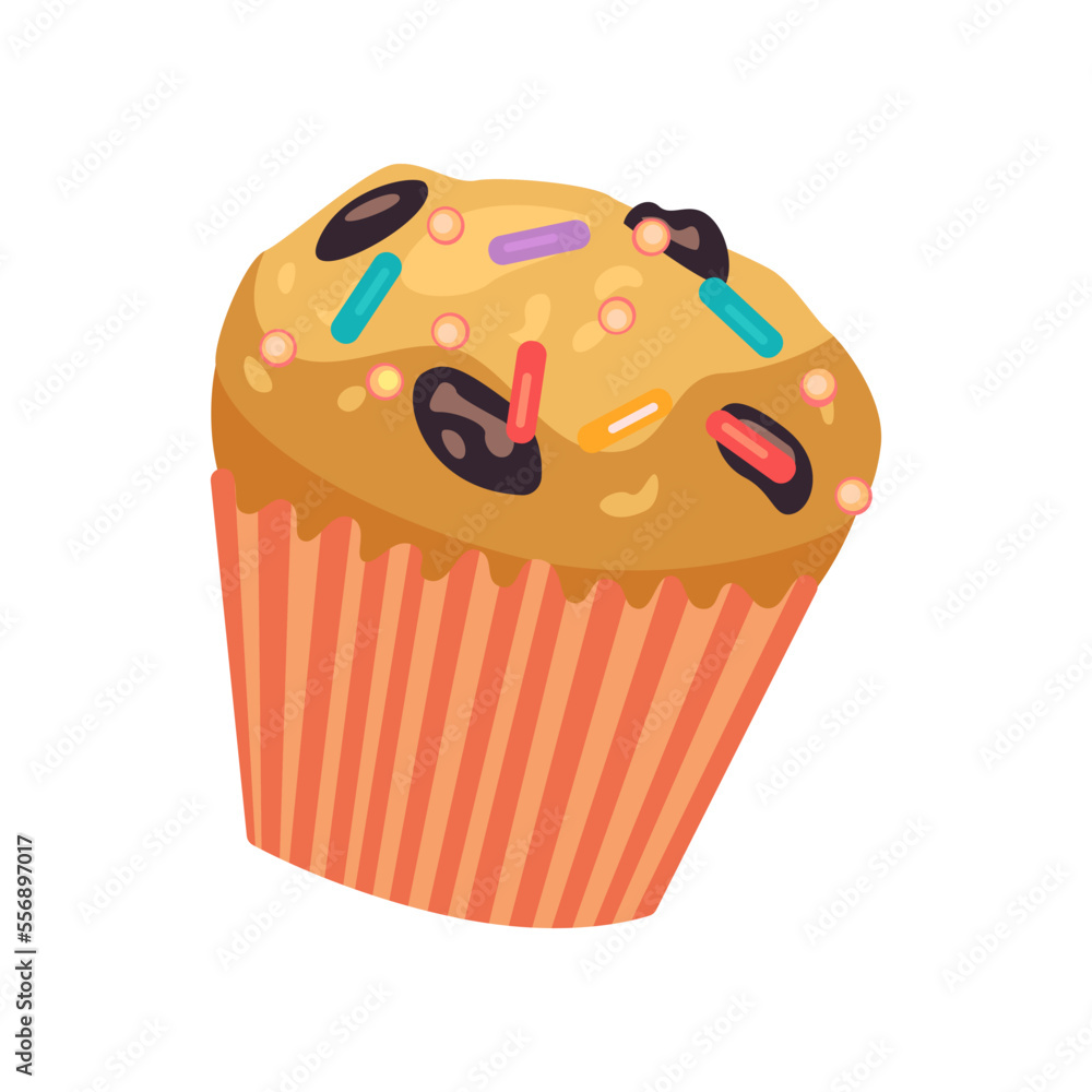 Yellow cupcake or muffin vector illustration. Drawing of little cake with sprinkles isolated on white background. Holiday, dessert, decoration concept Yellow cupcake or muffin vector illustration. Drawing of little cake with sprinkles isolated on white background. Holiday, dessert, decoration concept