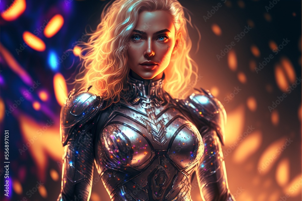 Hübsche junge Frau mit blonden Haaren und silbernen Anzug, AI generativ