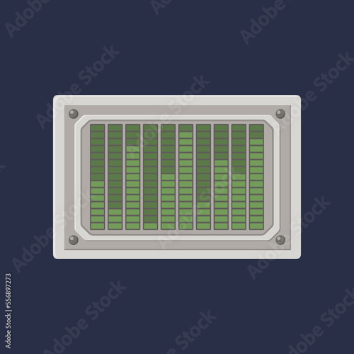 Sound control panel cartoon illustration. Retro console with levels. Metal dashboard or display of spacecraft or space ship. Equipment, machine, computer concept